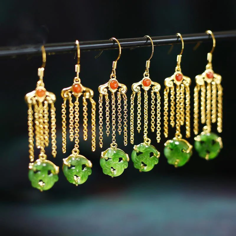 

Natural Hetian jasper tassel long earrings Chinese style retro palace style elegant light luxury noble charm lady silver jewelry