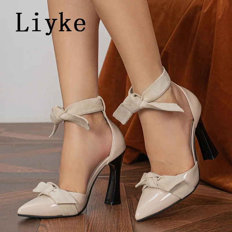 

Туфли-лодочки Liyke женские на шнуровке, модный дизайн, заостренный носок, высокий каблук, сандалии без задника, с бантом, черные, оранжевые, на весну