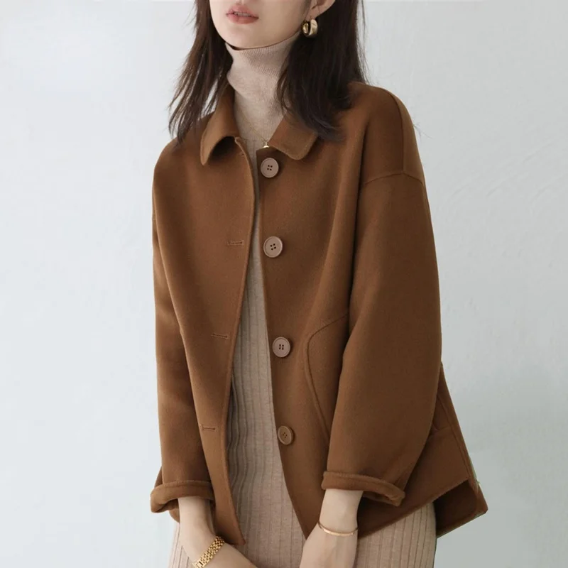 

Autumn Trendy Brown Wool Coats Women Korean OL Basic Short Jackets Female Casual Solid Color Turndown Overcoat High Quality Coat