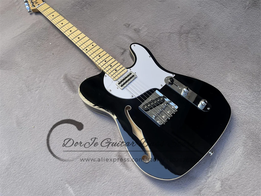 

Black Electric Guitar Tel Semi-hollow body Maple Neck Maple fingerboard Fixed Bridge White pickguard Factory custom