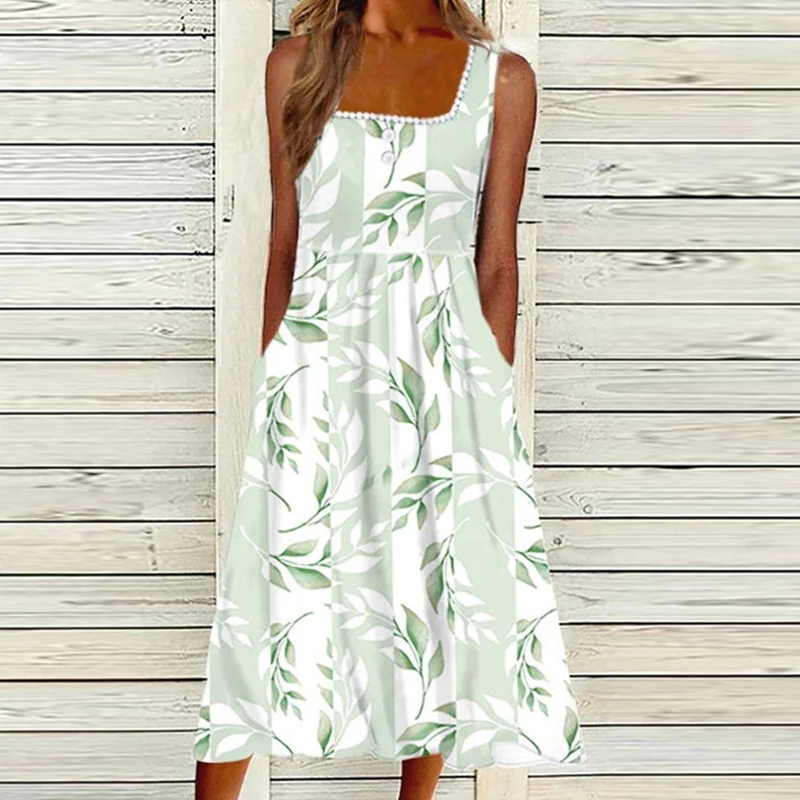 

Women Elegant Pocket Long Skirts A-line Dresses Boho Style Print Dress Sleeveless Summer Casual Holiday Temperament S-3xl
