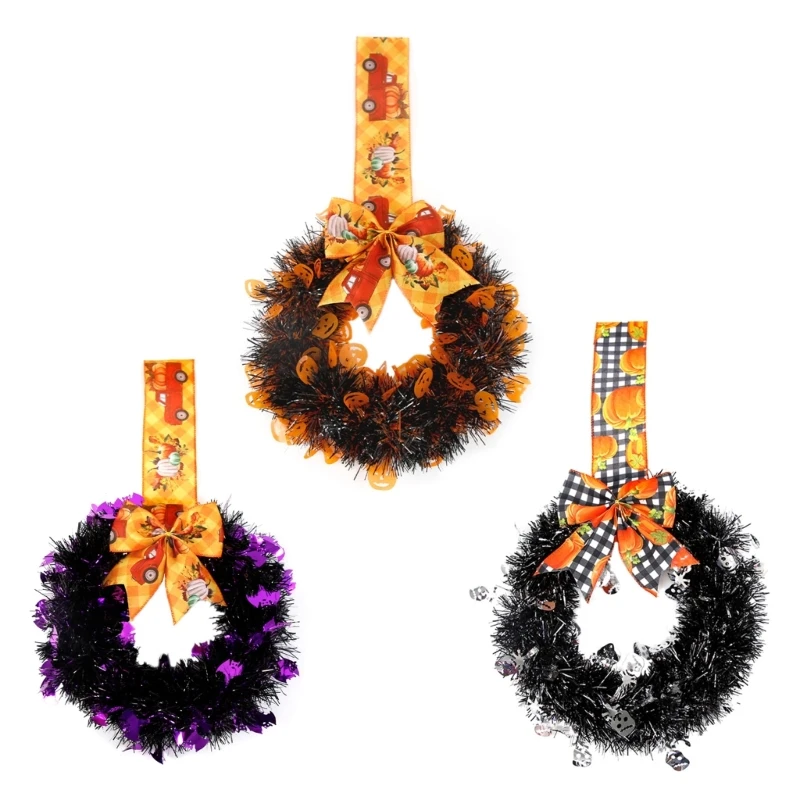

Элегантный венок на Хэллоуин с украшением в виде галстука-бабочки, летучая мышь/тыква/голова черепа, фестивальная дверная для и