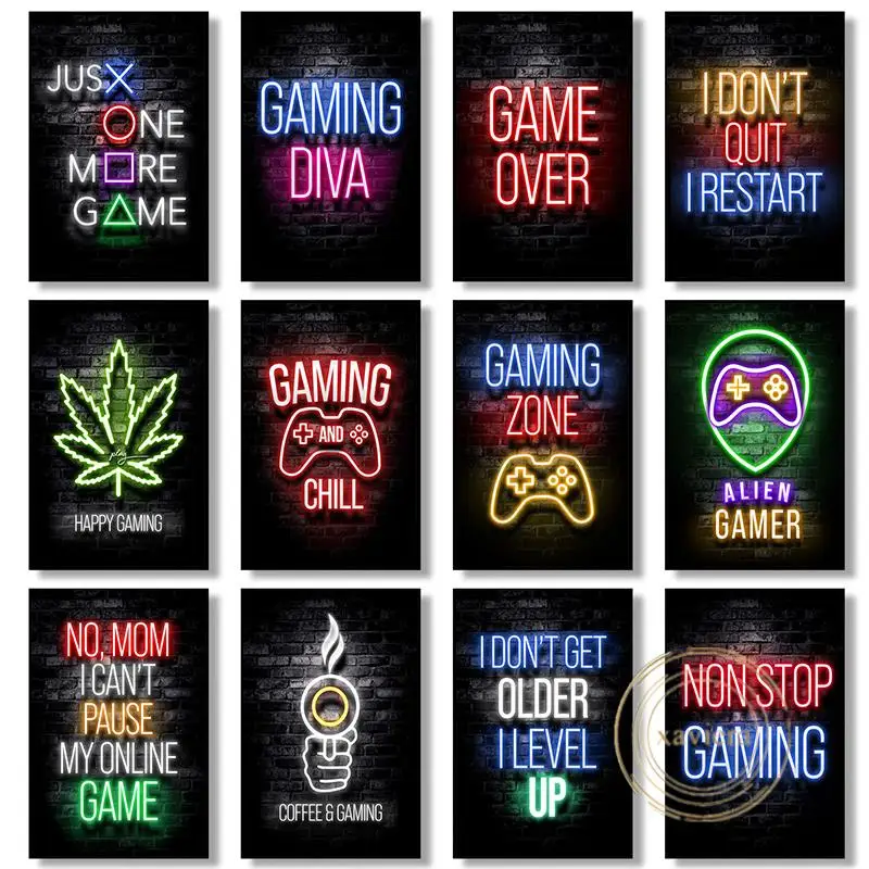 

Sleep Game Repeat Gaming Poster Abstract Neon Wall Art Canvas Painting Modern Picture Home Decor Playroom Boy Room Gamer Gifts