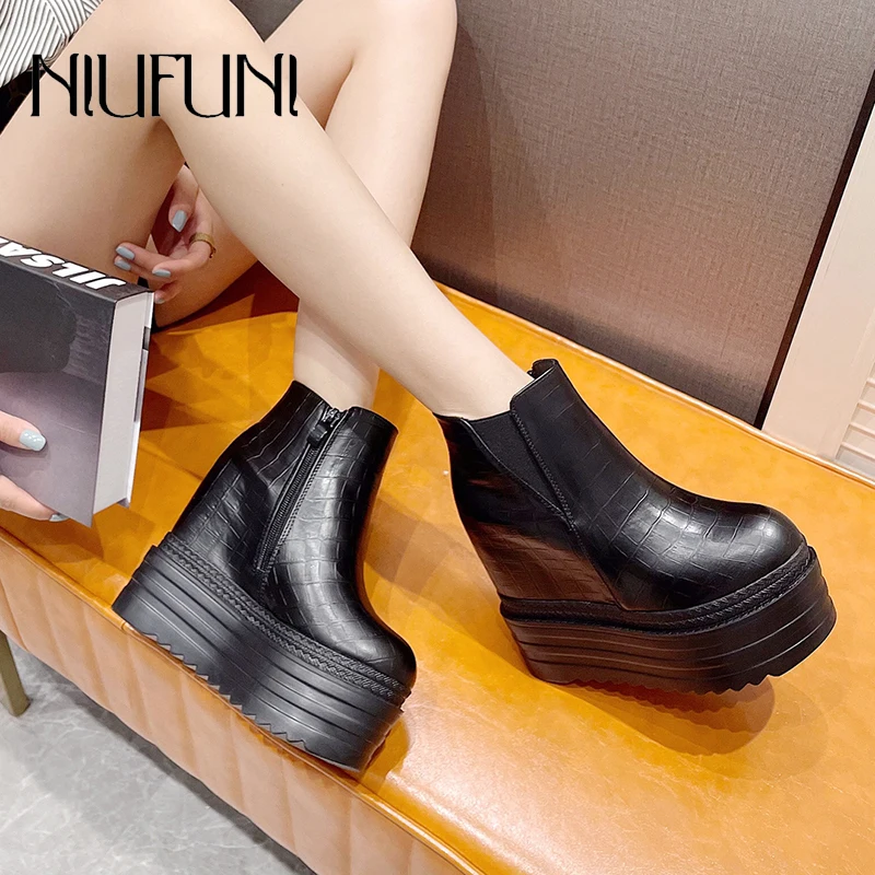 

Round Toe Platform Wedge Women's Boots PU Leather Side Zipper Black White Short Tube Ankle Boots 2023 Autumn Winter Woman Shoes