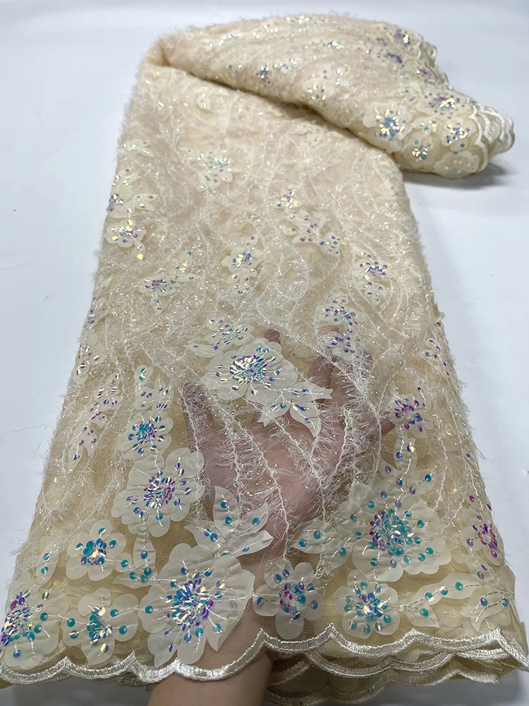 

New Design High Quality African Embroidery Tulle Lace Fabric French Mesh Nigerian 3D Sequins Fabric for 2023 Women Party JY7021