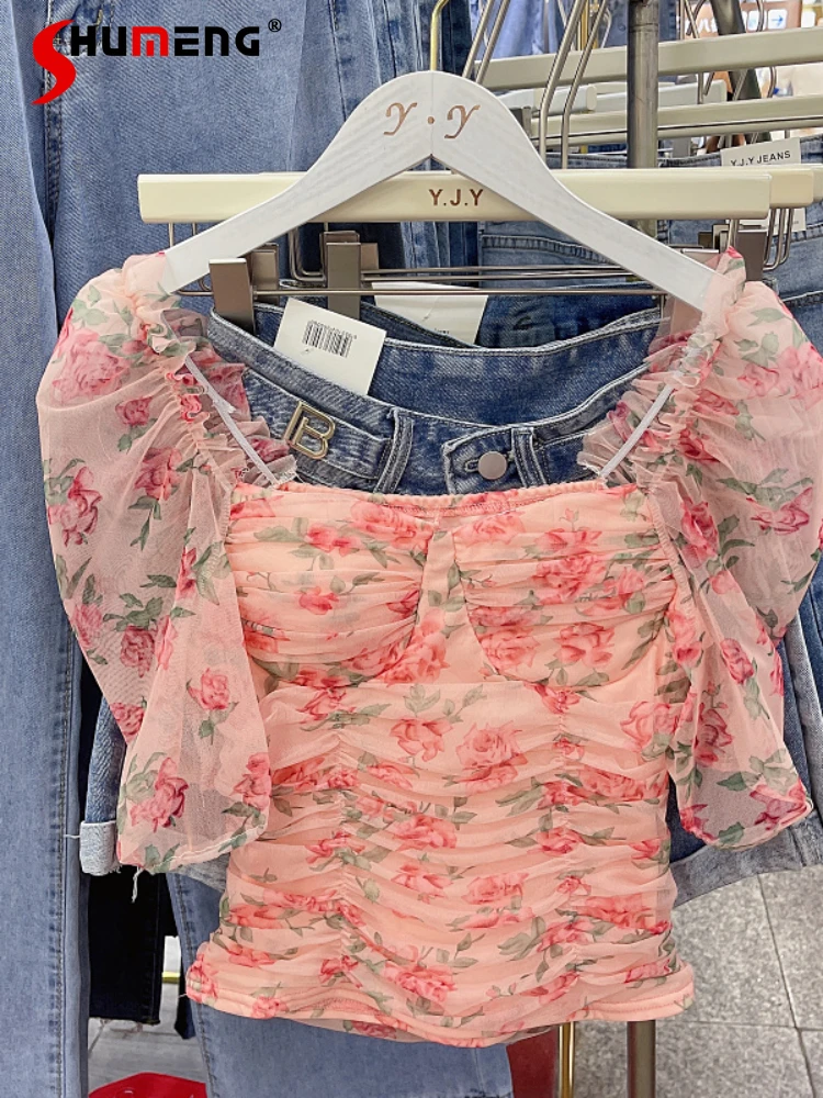 

Sexy Square-Neck Mesh Floral Gauzy Thin Short Puff Sleeve Crop Tops Ladies 2022 Summer New Elegant Woman Pleated Short Blouses