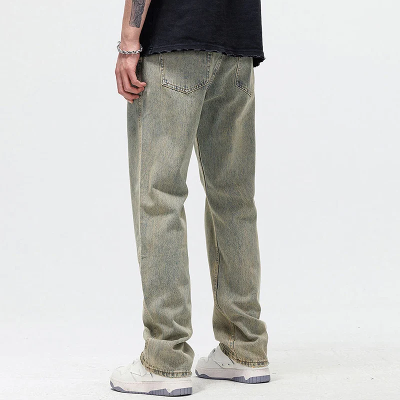 American High Street Fashion Men Jeans Cement Yellow Retro Wash Loose Fit Straight Jeans Men Casual Denim Wide Leg Pants Hombre