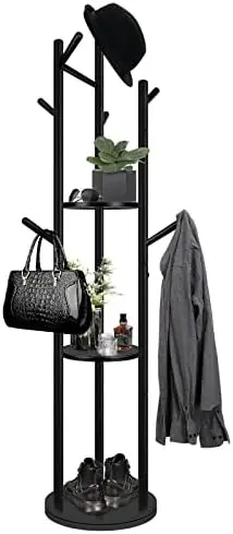 

Coat Stand, Wooden Tree Coat Stand with 3 Storage Shelves, 2 Tiers Storage Display Shelf and 9 Hooks for Office Entryway Bedro