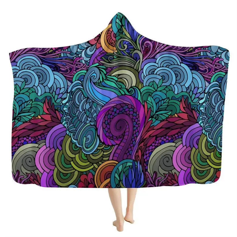 

70s Hippie Doodle Hooded Blanket - Abstract Fantasy Waves Throw Blanket, Warm Cozy Sherpa Fleece, Hippie Blanket