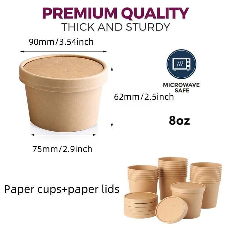 Бумажный контейнер для супа, одноразовые стаканчики для еды из крафт-бумаги, стаканчики для мороженого, хранилище продуктов с крышками, микроволновая печь и безопасная морозильная камера