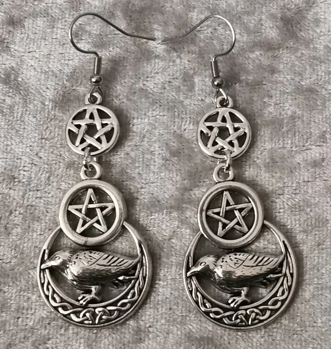 

Gothic Crow Earrings Wiccan Crescent Moon Pentagram Pagan on Hypoallergenic Hooks Gothic jewelry