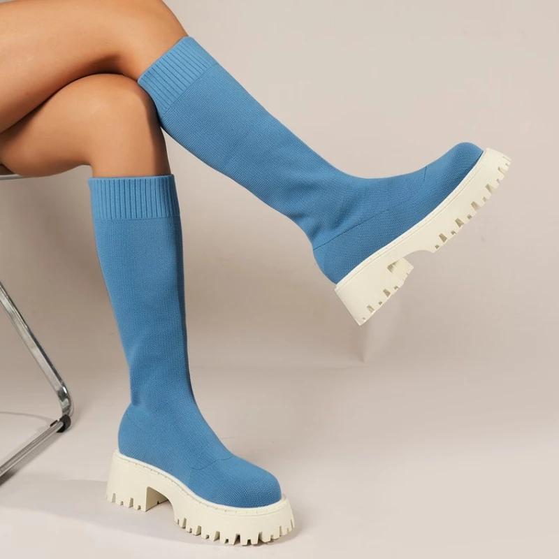 

2023 Women Knitting Knee High Sock Boots Winter Designer New Mid Heels Shoes Platform Chelsea Boots Weave Mujer Snow Botas Pumps