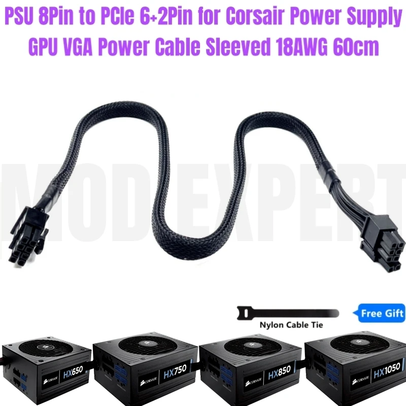 

Corsair HX650 HX750 HX850 HX1050 Gold Modular PSU 8Pin to 8Pin PCIe 6+2Pin GPU VGA Graphic Card Power Supply Cable Sleeved 18AWG
