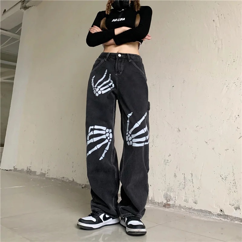 

High Waist Women Jeans Vintage Streetwear Hip Hop Black Straight Baggy Trouser Fashion Casual Ladies Wide Leg Denim Pants Autumn