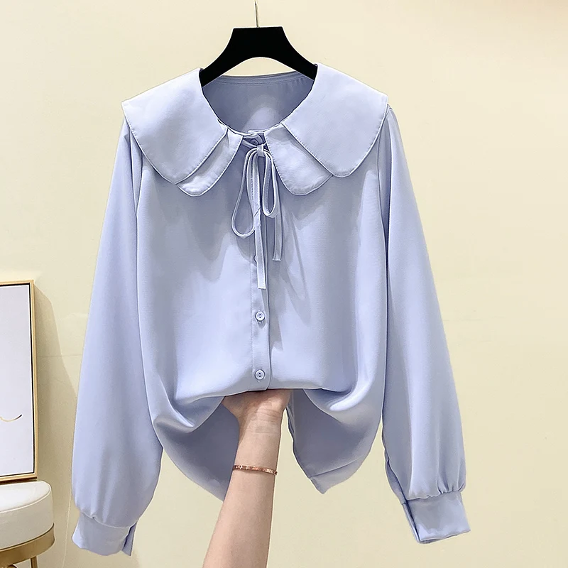 

2022 Spring Clothing Cutting Solid Full Office Lady Double-layer Doll Collar Tie-up Shirt Women