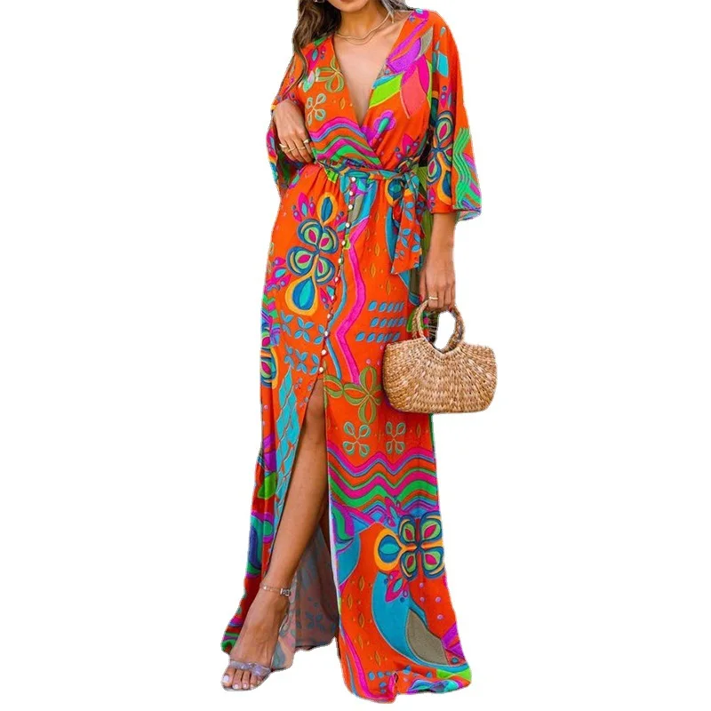 Women Dresses Boho Print Beach Dress Casual V-neck Elegant Dresses for Women