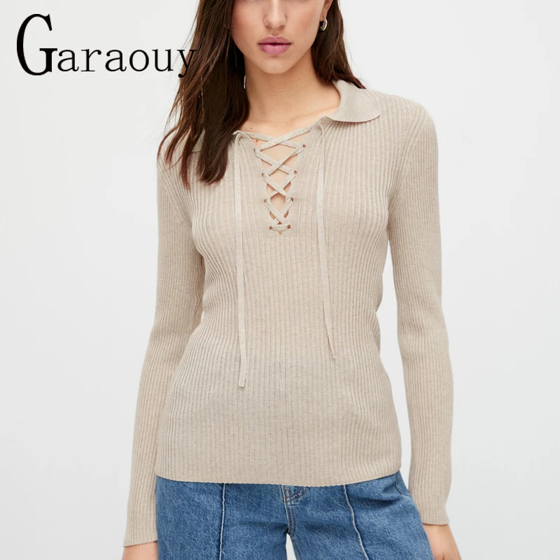 

Garaouy 2022 New Autumn Y2k Women Chest Bandage Design Knitted Sweater Pullover Solid Simple Slim Casual Tops Female Streetwear