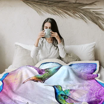 BlessLiving 3D Birds Mandala Print Sherpa Fleece Blanket Purple Background Colorful Animal Bohemia blanket For Couch Sofa Bed 4