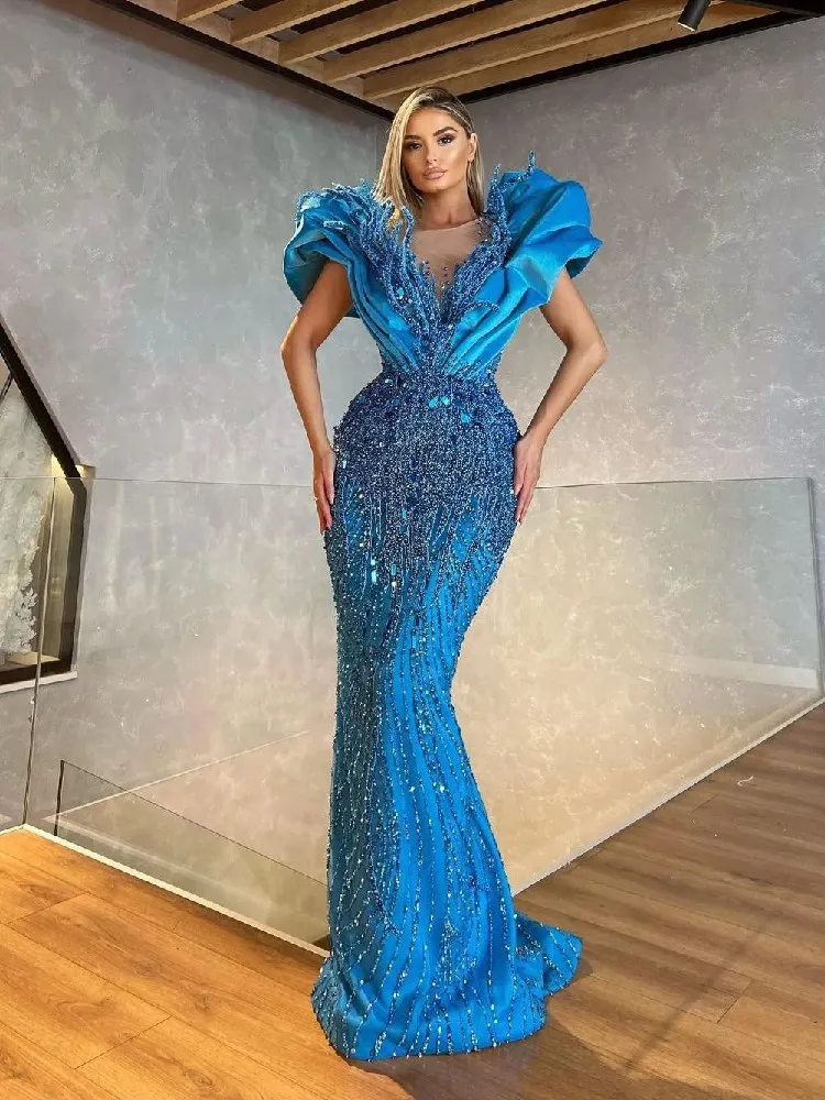

Синее блестящее вечернее платье-Русалка с V-образным вырезом и блестками
