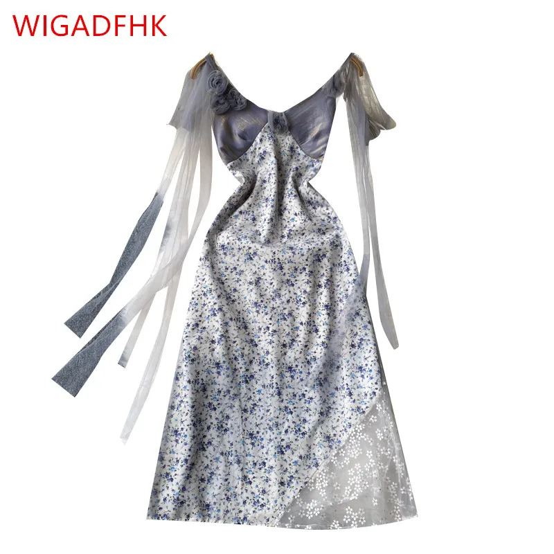 

2022 Summer New Women's Design Sense Niche Hit Color Stitching Floral Lace Dress Seaside Holiday Suspender Dress Vestidos