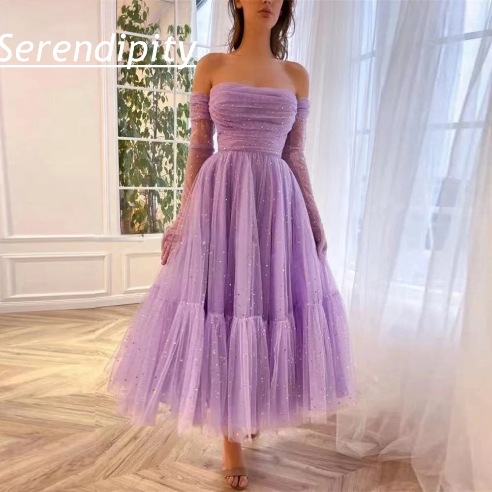 

Serendipity Glitter Elegant Formal Prom Dresses PleatedOff Shoulder A-Line Sparkly Graduation Long Sleeves Backless Party Gowns