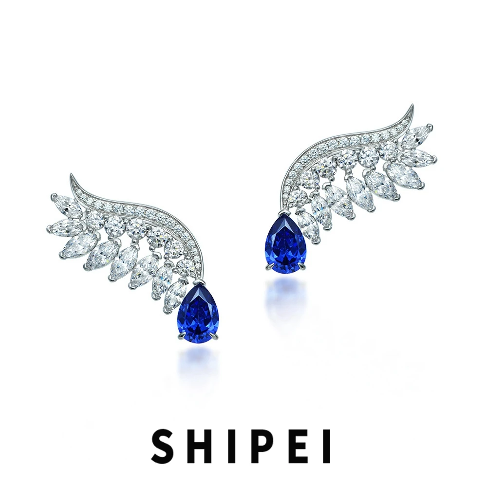 

SHIPEI Luxury 925 Sterling Silver Pear 2CT Sapphire Gemstone Wings Dangle Earrings Wedding Fine Jewelry for Women Drop Shipping