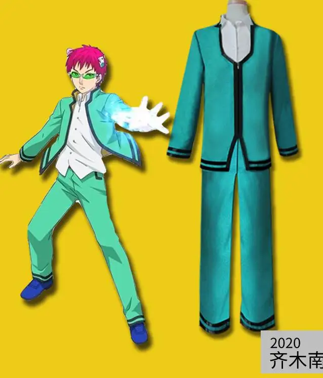 

Saiki K Cosplay Costume Saiki Kusuo no Psi Nan Blue Suit Pink Wig Handmade Headwear Anime Hairpin Green Glasses Halloween Outfit