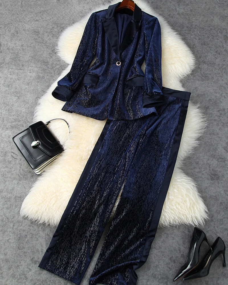 

Elegant Ladies Office Trousers Suit Vintage Outfit Blue Spring Designer Lurex Corduroy One Button Jacket and Pants Set for Women
