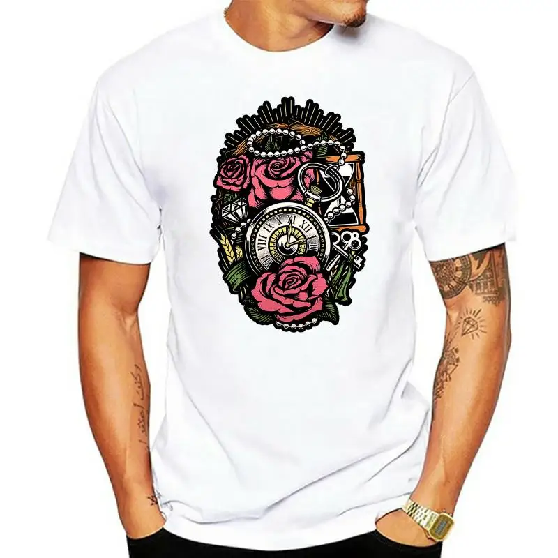 

Розы карманные часы с татуировкой стиль планшетов с круглым вырезом Футболка