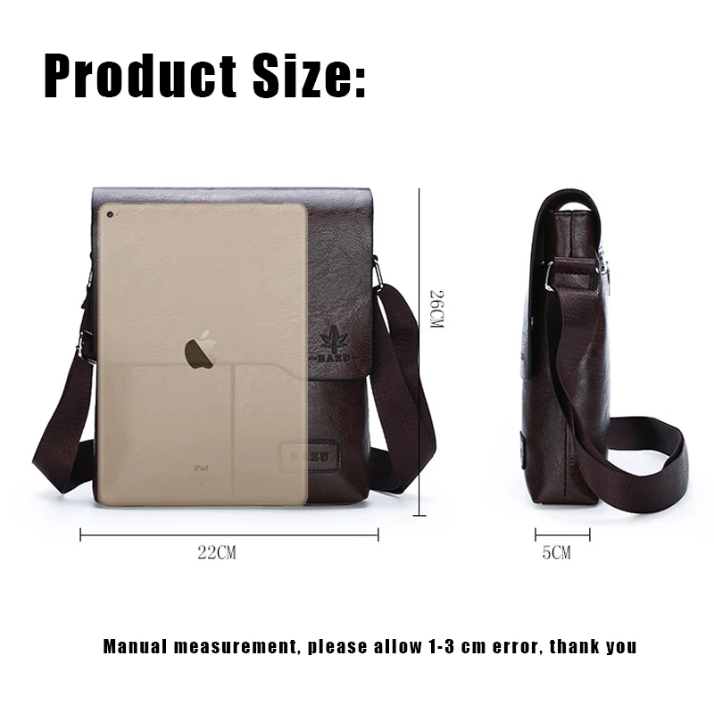 YoReAi New Men's PU Waterproof Business Bag Casual Large Capacity Lid Square Bags Fashion Shoulder Package Black Work Pounch