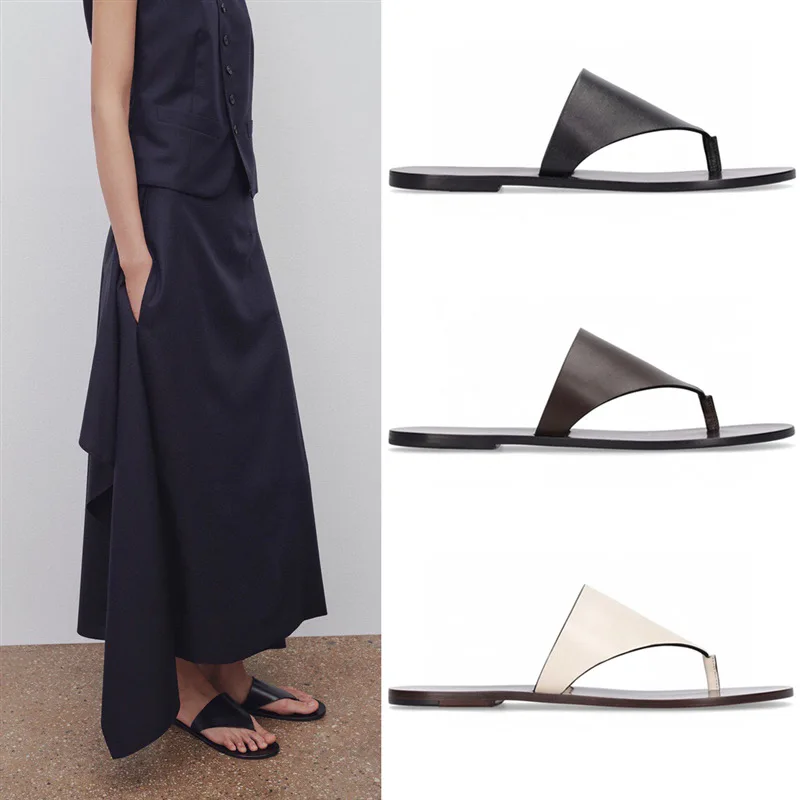 

2023 New Women's Flat Bottom Clip Toe Flip-Flops Shoes Summer New All-Match Solid Color Ladies Outside Wear Leather Slippers