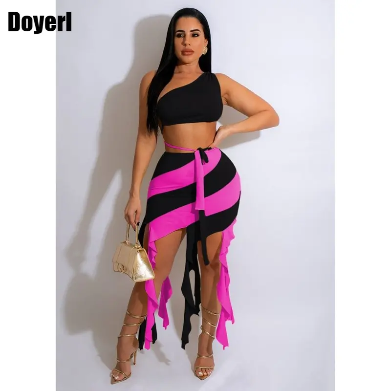 

Sexy Summer Dress Set Women 2023 Beach Outfits Bandage One Shoulder Crop Top \Mini Skirt Matching Sets Club Party Two Piece Set