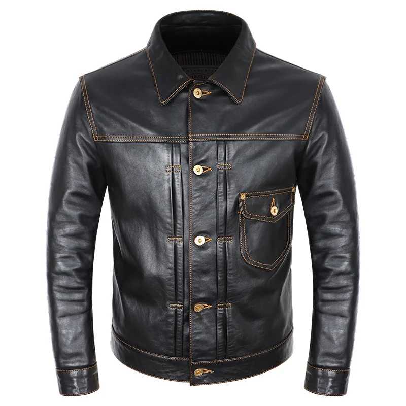 

Men's Genuine Leather Jacket Motorcycle Cowhide Vintage Real Leather Coat Casual Smooth Soft Black Slim Fit High Quality