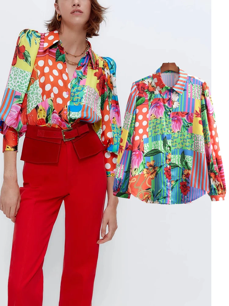 

Spring Women Floral Printed Blouse Shirts 2021 Turn Down Collar Casual Tops Long Sleeve Female Chic Street Shirt
