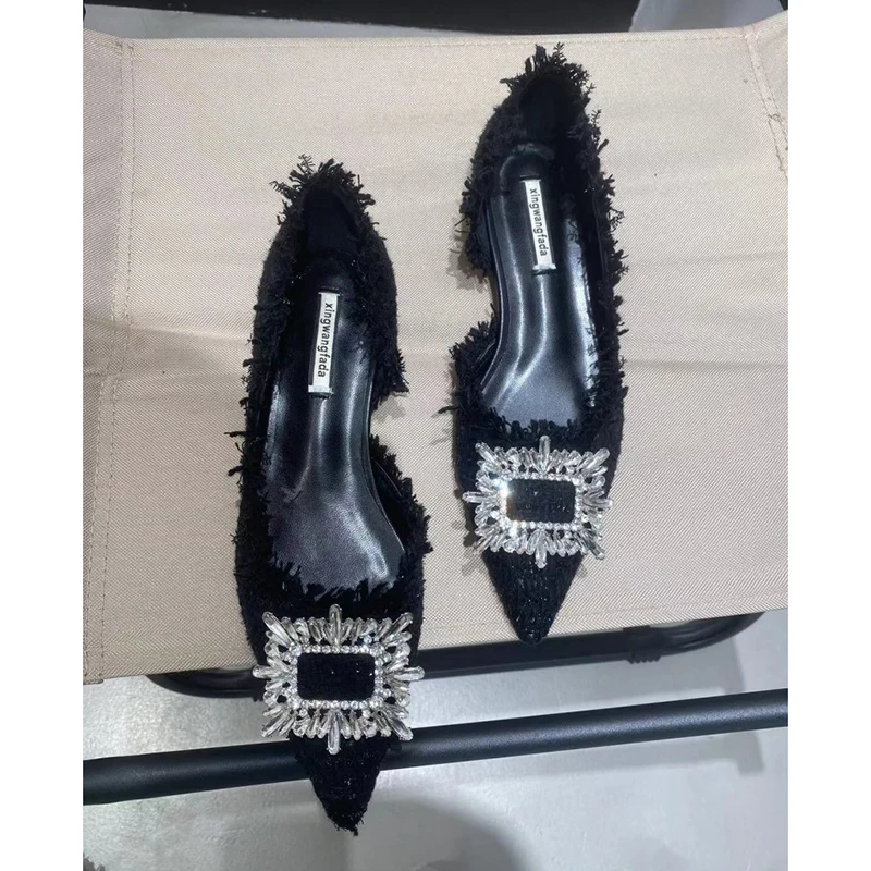 ZOOKERLIN Pointed Denim Tassel Rhinestone Square Buckle Flats Shoe Women's Shoes Fashion Elegant Slip On Dress Shoes Solid Color