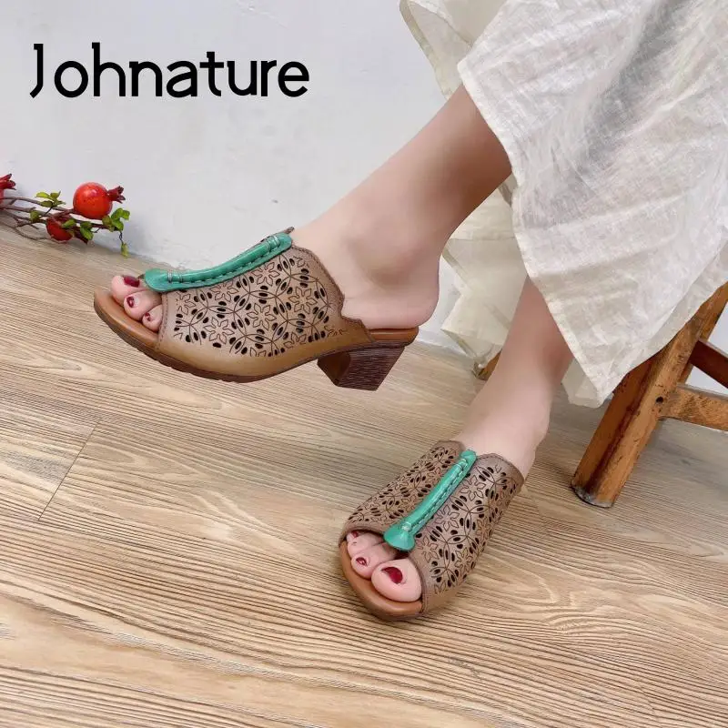 

Johnature 2022 Summer New Handmade Hollow Slope Heel Women Slippers Genuine Leather Retro Sewing Peep Toe Comfortable Lady Shoes