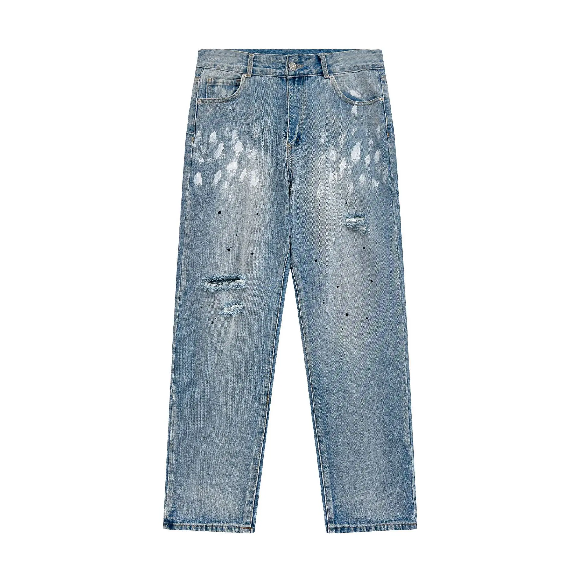 Four Seasons Men's Trousers American Trend Ripped Hole Splash Ink Loose Straight Casual Jeans Men and Women with The Same Style