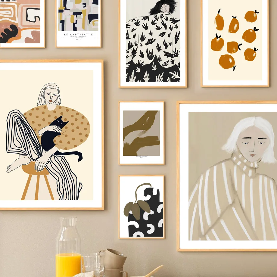 

Abstract Lines Girl Curve Geometry Leaf Orange Wall Art Print Canvas Painting Nordic Poster Wall Pictures For Living Room Decor
