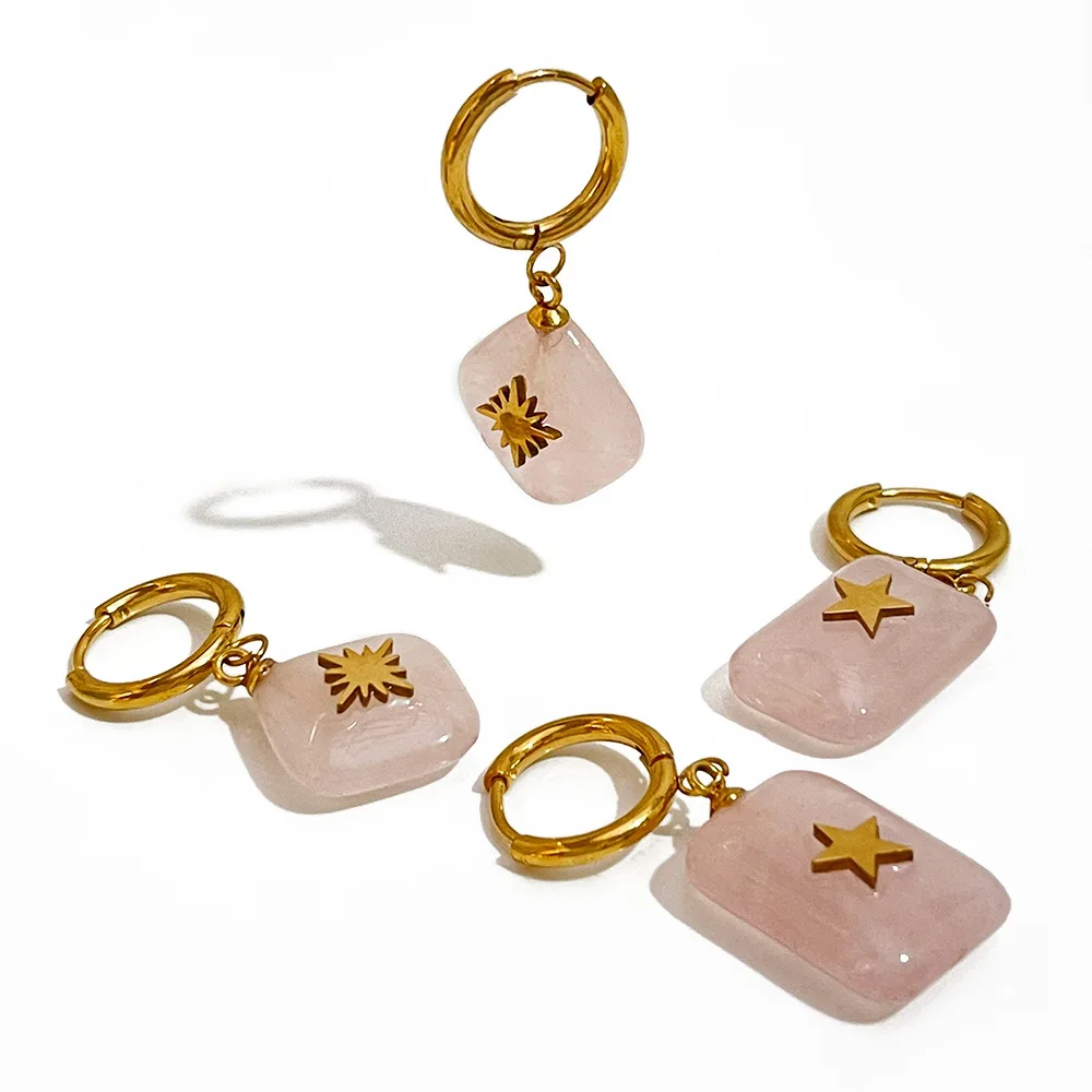 

Minar INS Fashion Pink Rose Quartz Natural Stone Starburst Hoop Earrings for Women Stainless Steel Rectangle Gold Huggie Pendant