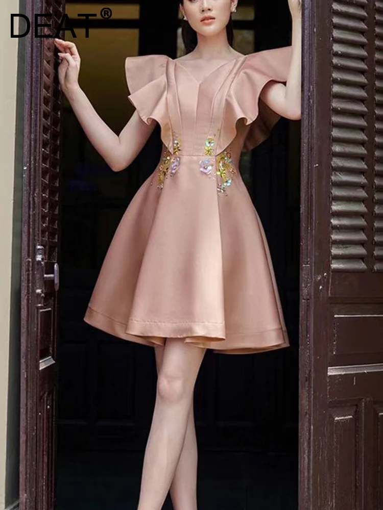 

[DEAT] Fashion Ruffles Spliced Diamond Elegant Evening Party Dress Solid Color Temperament Female Dresses 2023 Spring 13DB1060