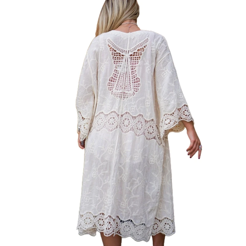 

Women Long Sleeve Kimono Cardigan Hollow Crochet Splicing Floral Beach Cover Up