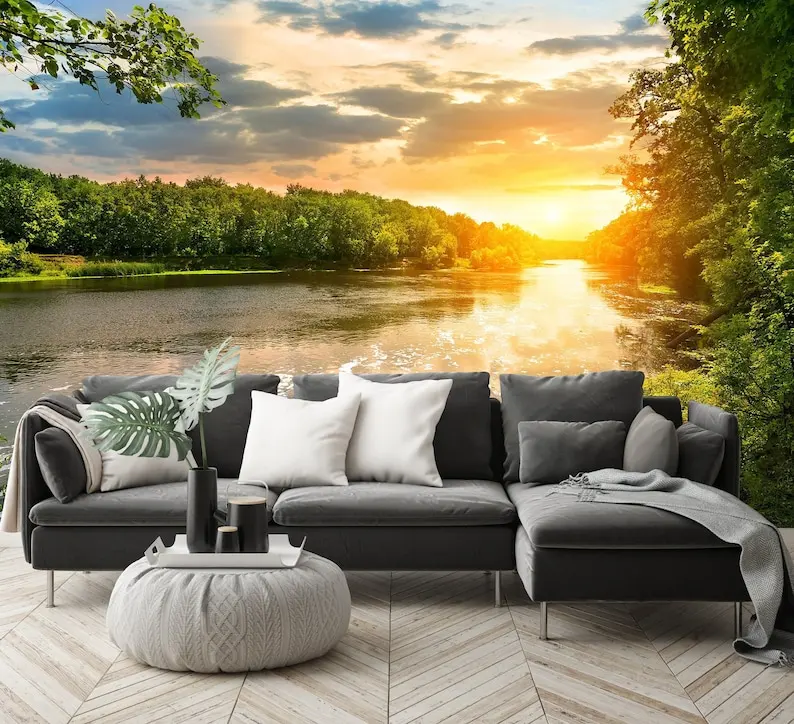 

River Wallpaper Sunset Beautiful 3d Nature Peel And Stick Removable Non Woven Self Adhesive Wall Mural