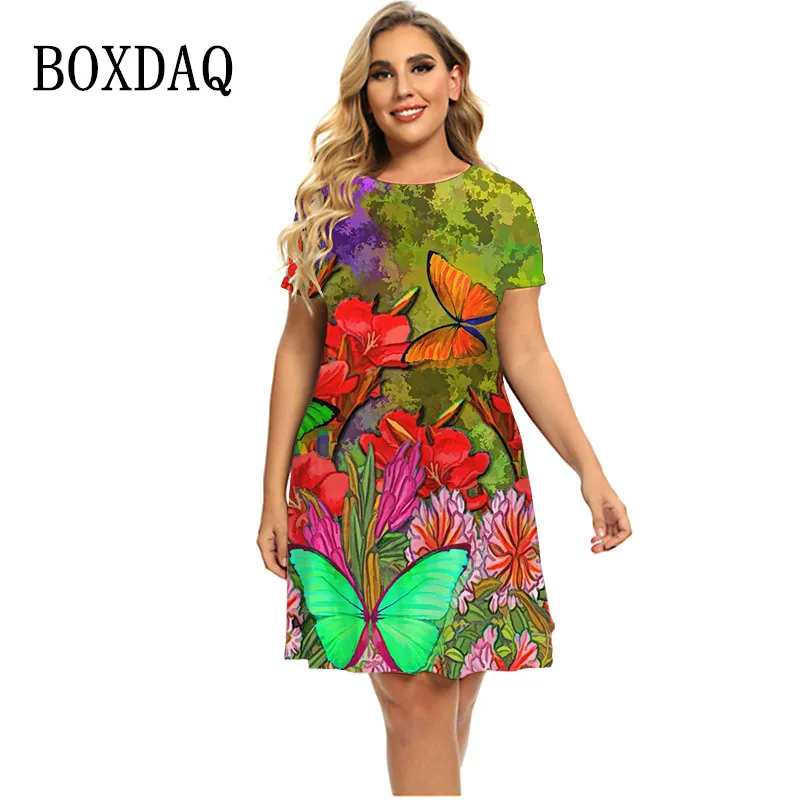 

3D Butterfly Floral Print Dress Women Tie Dye Short Sleeve Painting Butterfly Dress Fashion Round Neck Loose Plus Size Dress 6XL