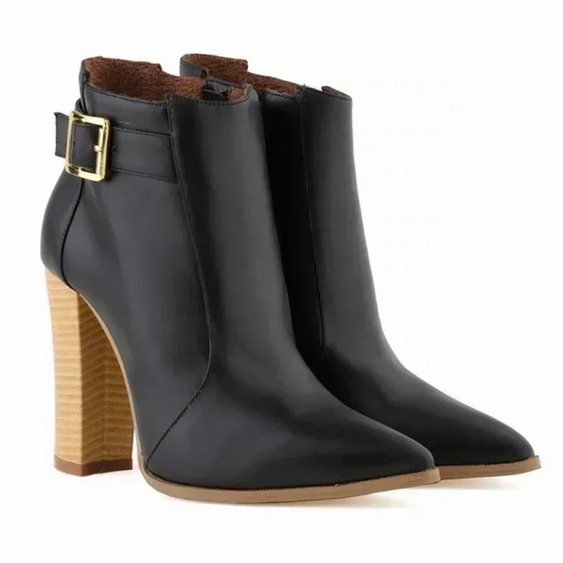 Зима-Осень женские ботильоны пикантные туфли на толстом высоком каблуке с острым