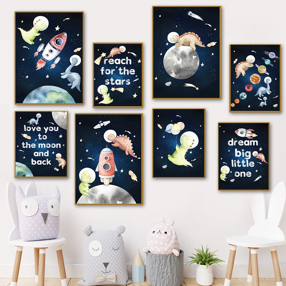 

Cartoon Dinosaur Planet Rocket Galaxy Nursery Nordic Wall Art Canvas Painting Posters And Prints Pictures Baby Kids Room Decor