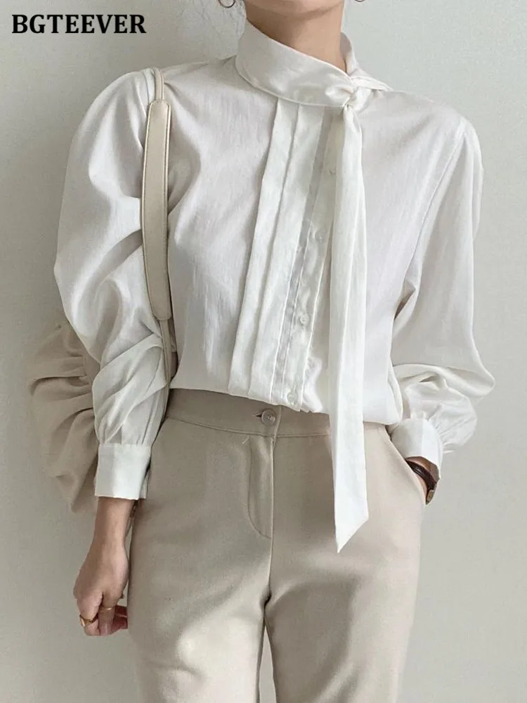 

BGTEEVER Chic Ladies White Shirts Elegant Lace-up Single-breasted Loose Female Blouses Long Sleeve Women Tops 2022