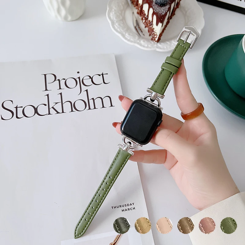 

Роскошный женский тонкий кожаный ремешок для IWatch 7 6 5 4 3 2 SE, металлический браслет для Apple Watch Band 38 40 42 44 41 45 мм