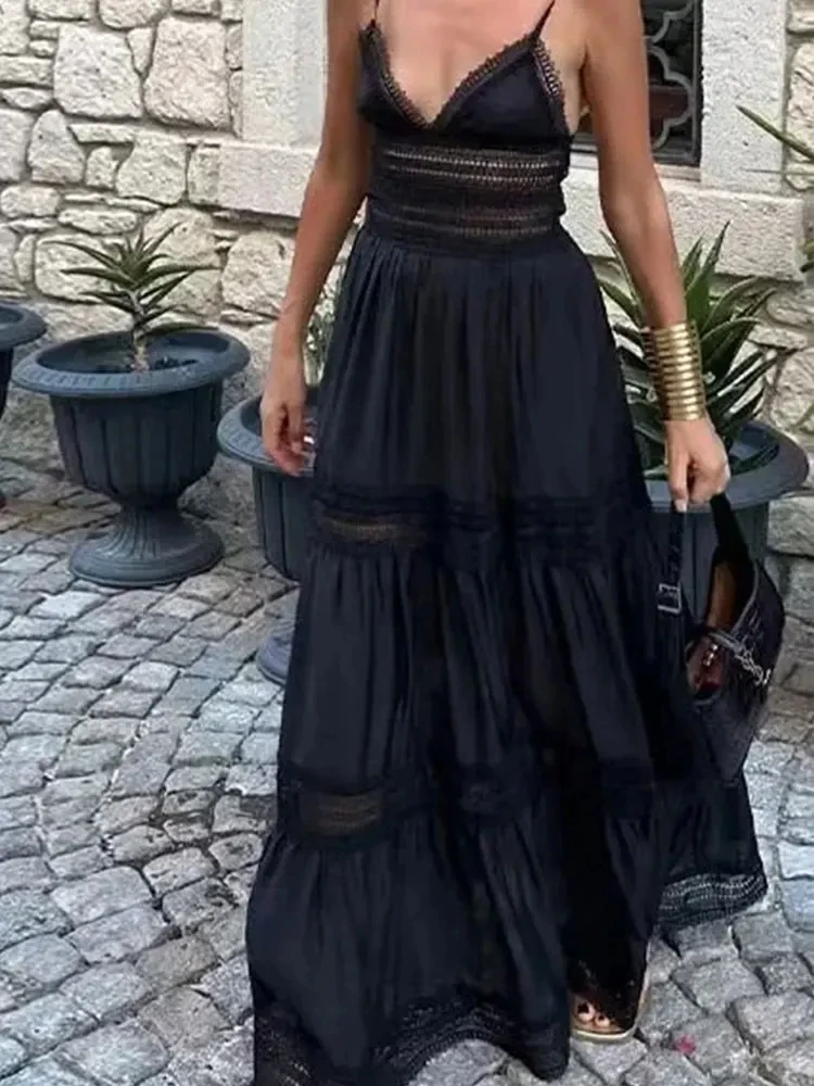 

HH TRAF женское летнее сексуальное кружевное длинное платье с глубоким V-образным вырезом на тонких бретельках Женские платья миди без рукавов с открытой спиной трапециевидного силуэта