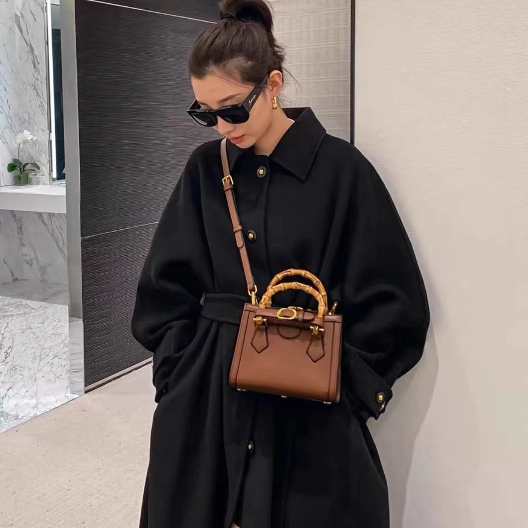 

Fashion Classic Solid Color Leather Gold Buckle Ladies Bamboo Handbag Designer Shoulder Bag Women Messenger Bag High End