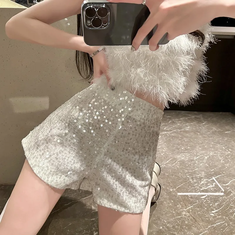 Sequenal shorts,  Girl Hot Girl Red Explosion  European and American hot pants bright shiny pants sweet spicy shorts A -line